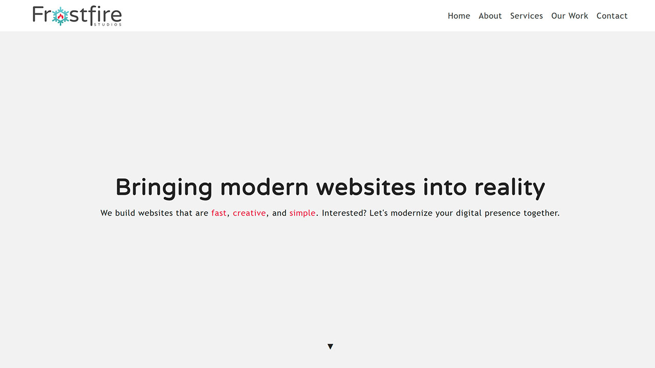 Screenshot of the homepage for Frostfire Studios LLC