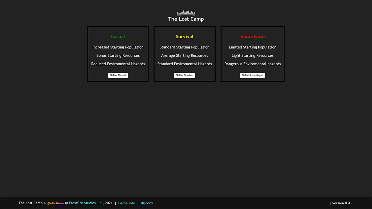 Screenshot of the homepage for The Lost Camp