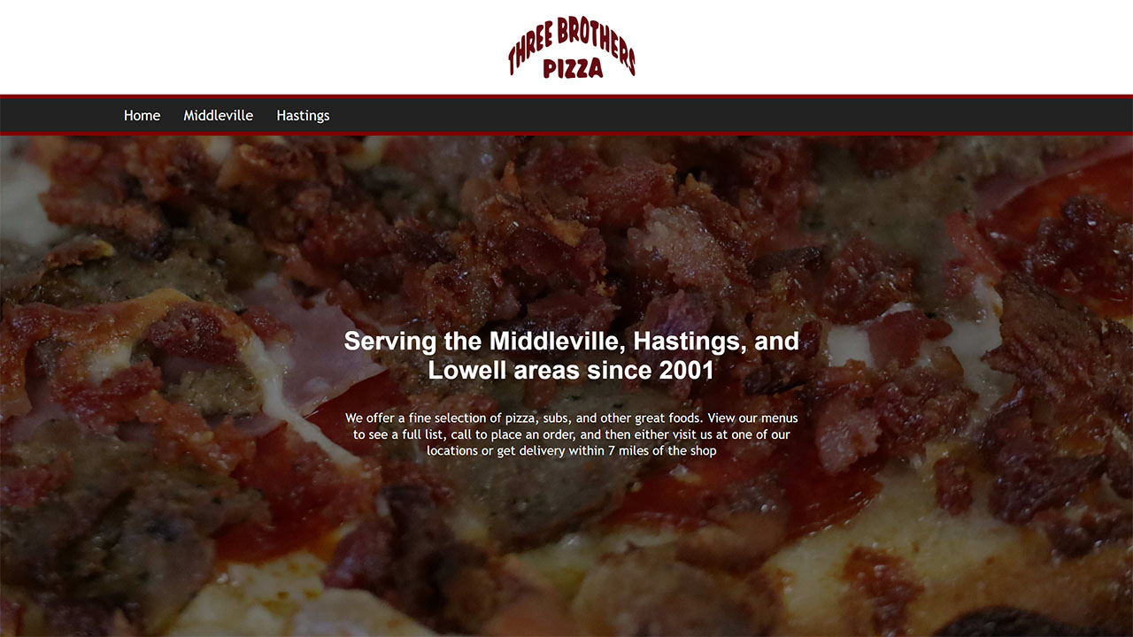 Screenshot of the homepage for Three Brothers Pizza