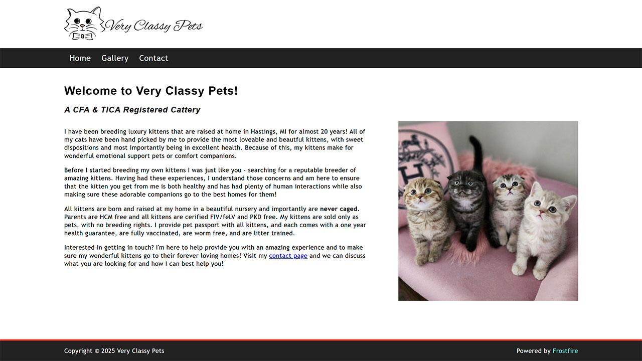Screenshot of the homepage for Very Classy Pets